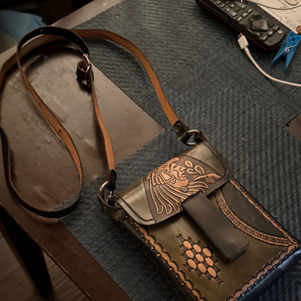 Artisan Leather Messenger Bag with Tribal Design